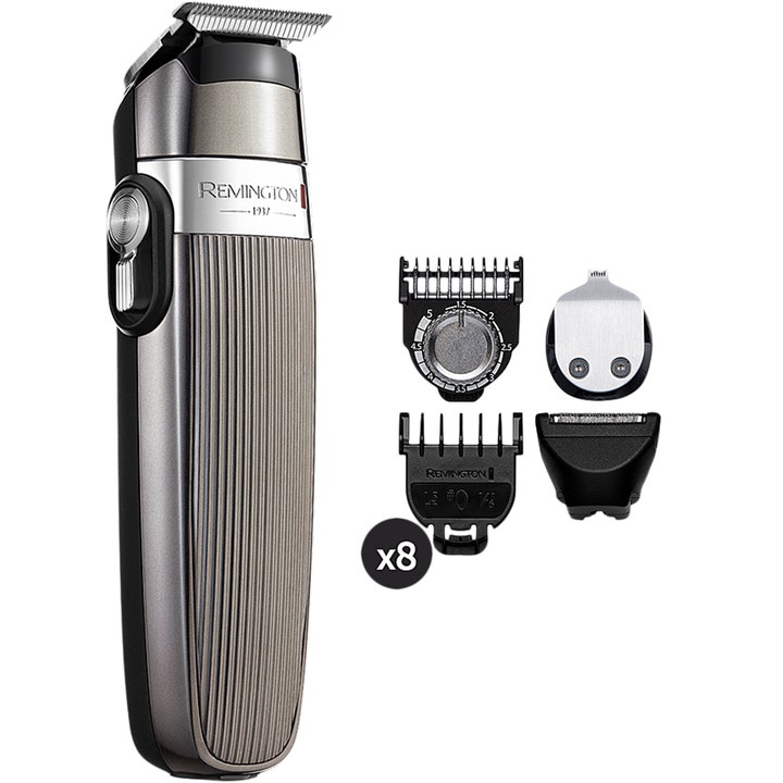 Remington Heritage Skægtrimmer med 8 dele til præcis styling i et sølvfarvet vintage design med rillede detaljer.