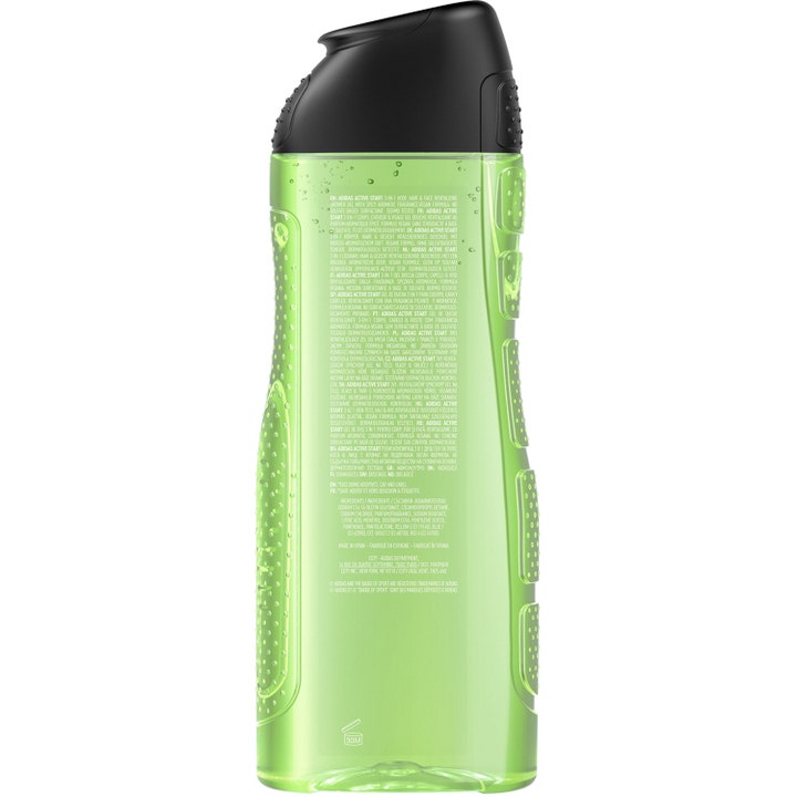 Adidas Active Start For Him 400 ml opfriskende showergel viser bagsiden af den grønne flaske med sort låg.