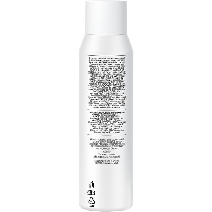Adidas Pro Invisible Woman Deodorant Spray 150 ml mod hvide mærker på bagsiden af hvid spraydåse