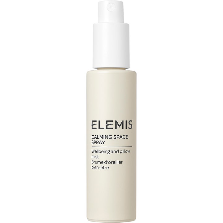 Elemis Calming Space Spray beroligende mist til krop og rum i elegant cremehvid flaske med hvid spraytop