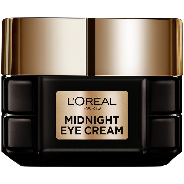 L'Oréal Midnight Eye Cream 15 ml genopbyggende øjencreme i en luksuriøs sort glaskrukke med guldlåg.