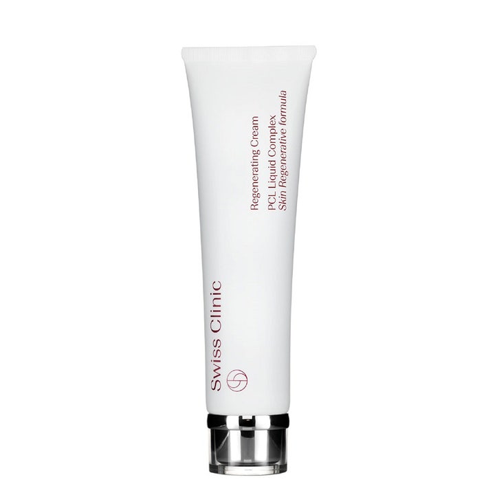 Swiss Clinic Regenerating Cream PCL Liquid Complex regenererende creme i hvid tube med elegant sølvfarvet låg.