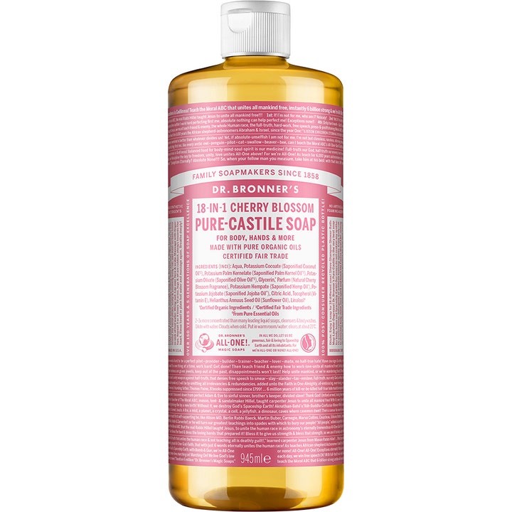 Dr. Bronner's Cherry Blossom Pure-Castile Soap 945 ml flydende sæbe renser mildt i klar flaske med pink etiket