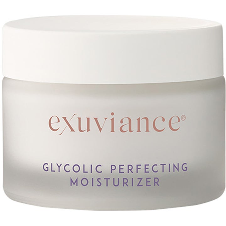 Exuviance Glycolic Perfecting Moisturizer forfinende ansigtscreme med glykolsyre i frostet glaskrukke med hvidt låg