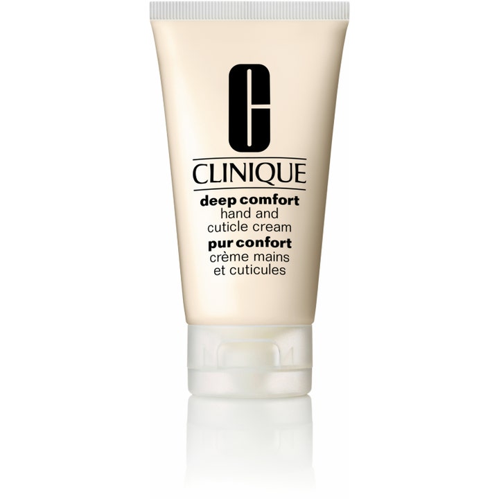 Clinique Deep Comfort Hand and Cuticle Cream fugtgivende håndcreme i en lys beige tube med hvidt låg.