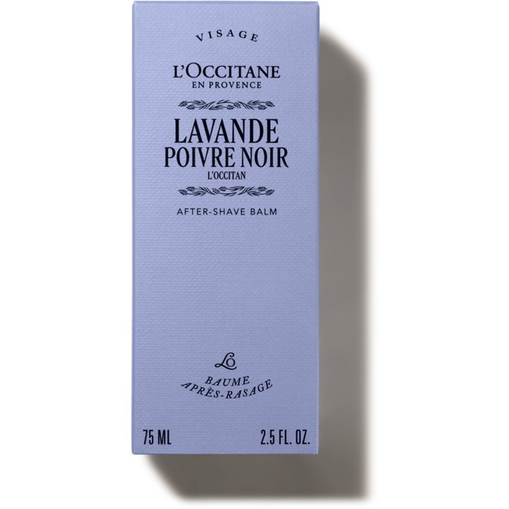L'Occitane Lavande Poivre Noir 75 ml beroligende aftershave balm i en lys lilla papæske