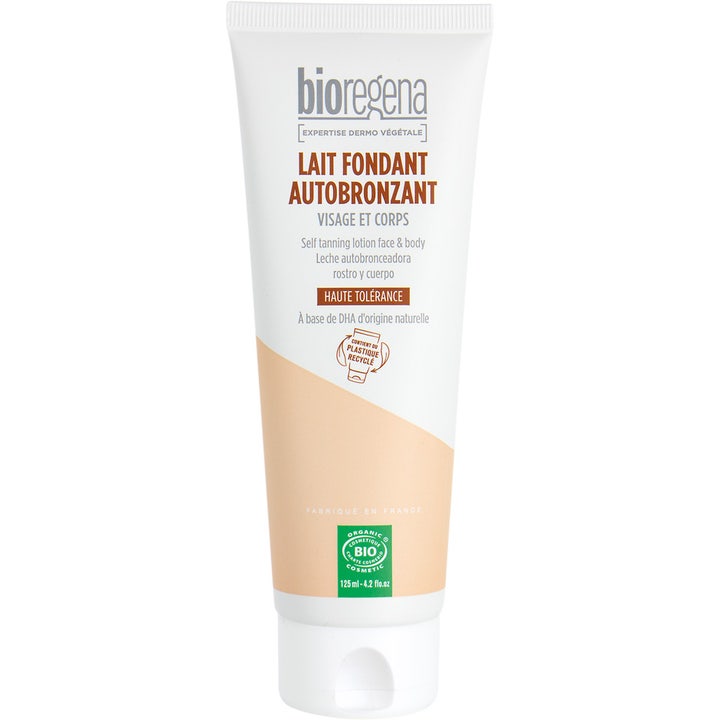 Bioregena Lait Fondant Autobrozant 125 ml selvbruner til ansigt og krop i hvid plasttube med orange grafiske elementer