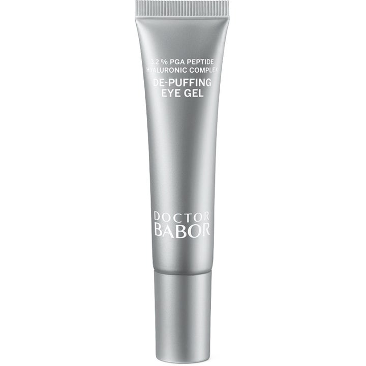 Doctor Babor De-Puffing Eye Gel fugtgivende øjengel med peptider mod hævelser i en elegant sølvfarvet tube.