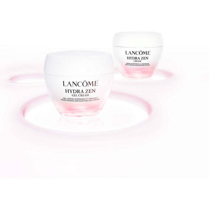 Lancôme Hydra Zen Gel Cream 30 ml beroligende ansigtscreme i hvide krukker med lyserøde glødende ringe