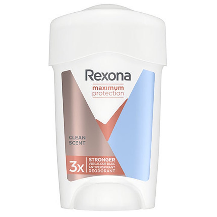 Rexona Maximum Protection Clean Scent 45 ml antiperspirant deo stick i hvid plastbeholder med blåt mønster