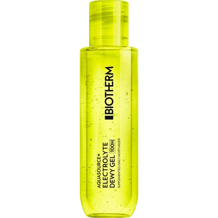 Biotherm Aquasource+ Electrolyte Dewy Gel 100H fugtgivende ansigtsgel i klar neongrøn flaske med små bobler.