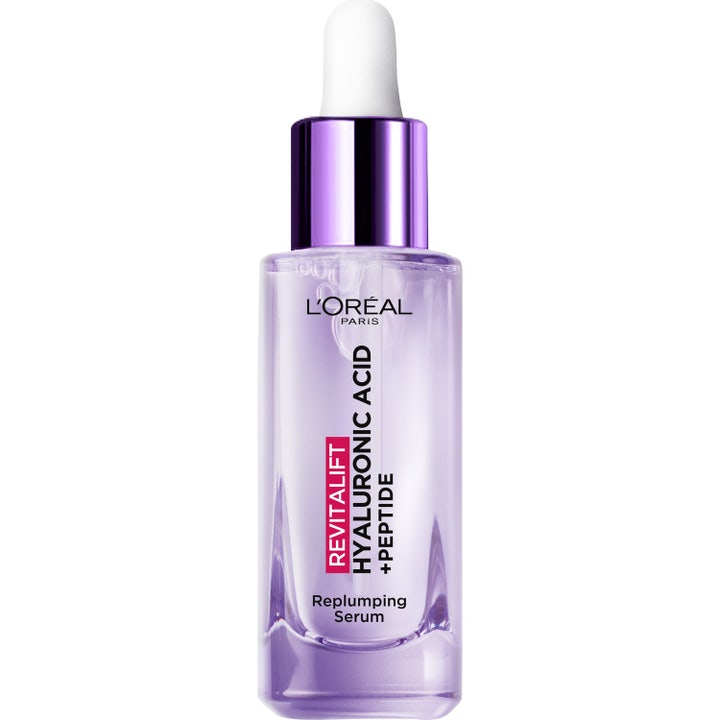 L'Oréal Paris Revitalift Hyaluronic Acid + Peptide 30 ml fugtgivende ansigtsserum i lilla glasflaske med hvid pipette