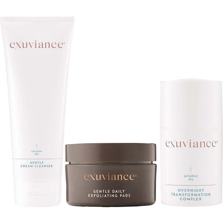 Exuviance hudplejesæt til tør hud skaber fugt med rens på tube eksfolierende pads i brun krukke og hvid natcreme
