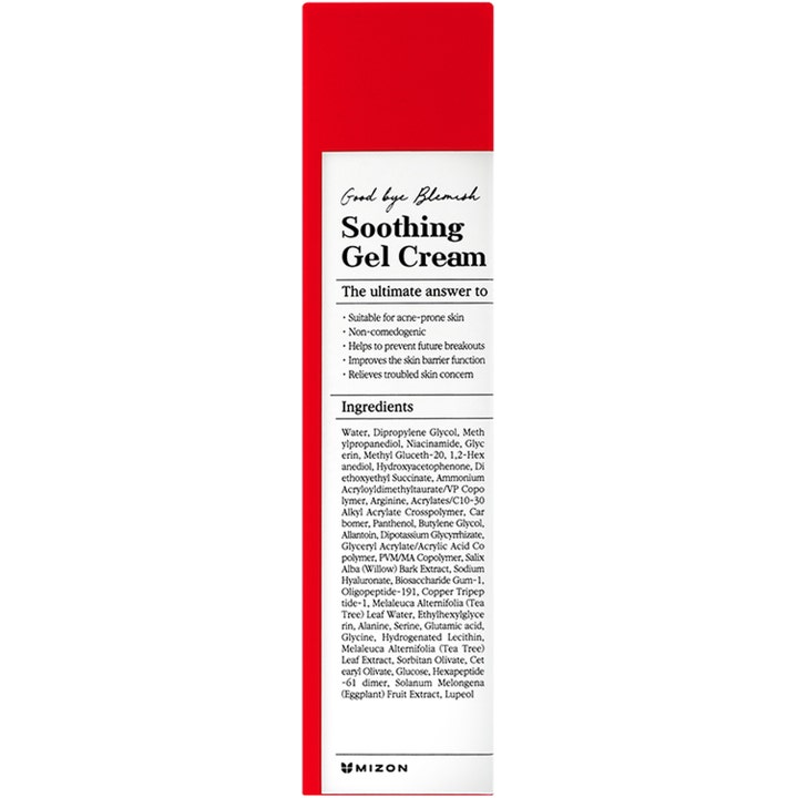 Mizon Good Bye Blemish Soothing Gel Cream 55 ml beroligende ansigtscreme i rød og hvid æske med ingrediensliste