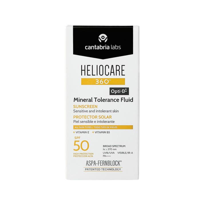 Heliocare Mineral Tolerance Fluid 50 ml solcreme med SPF 50 i hvid plastflaske med sort låg til sart hud