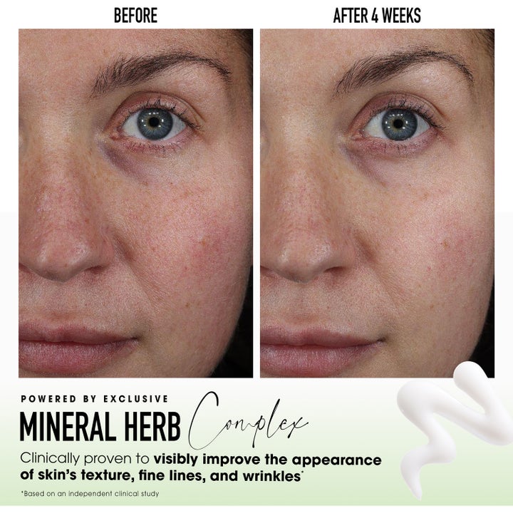 bareMinerals Skinlongevity Barrier Boosting Serum 50 ml mod rynker og fine linjer vist med før og efter-billeder.