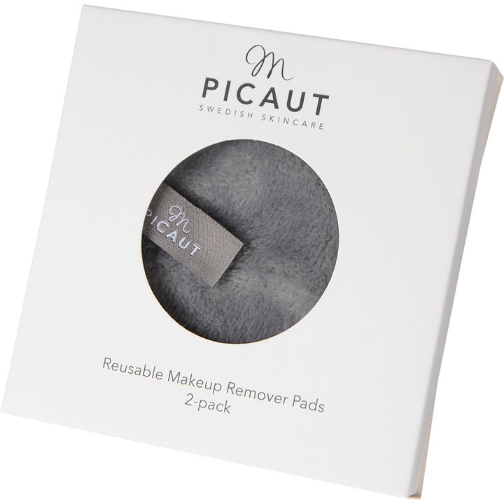M Picaut Swedish Skincare Cleansing pads 2 stk genanvendelige renserondeller i hvid æske med kig til gråt blødt stof