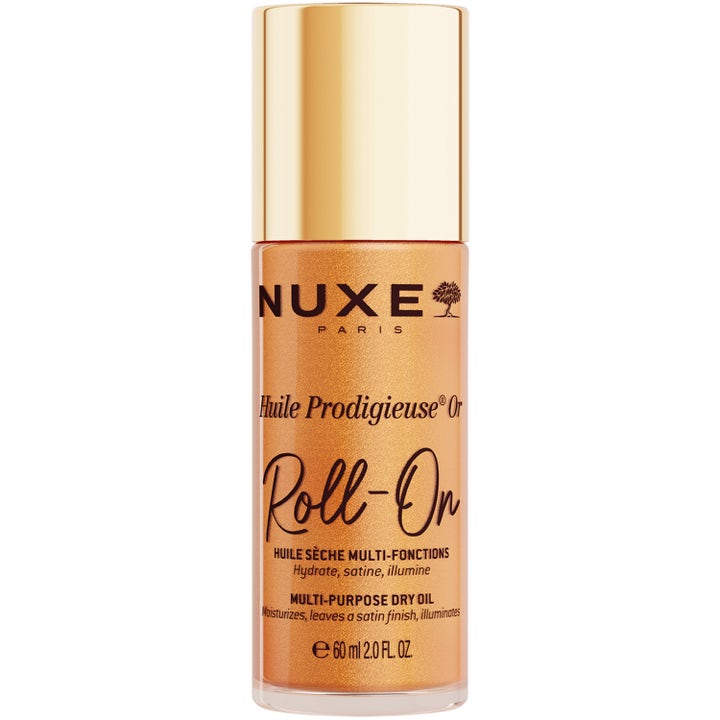Nuxe Huile Prodigieuse Or Roll-On 60 ml fugtgivende glimmerolie der giver glød i glasflaske med guldlåg