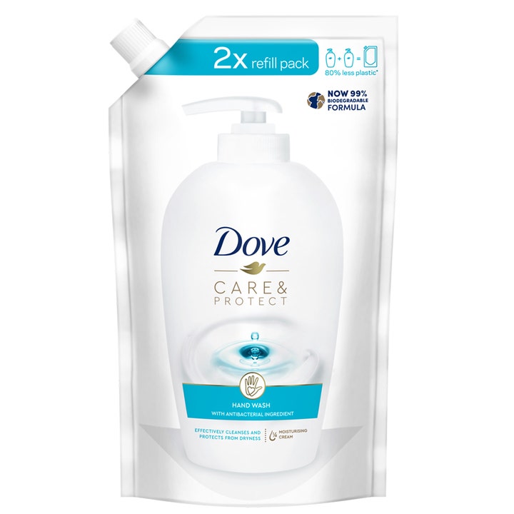 Dove Care & Protect Hand Wash 2x refill pack antibakteriel håndsæbe i hvid plastpose der modvirker udtørring af hænder