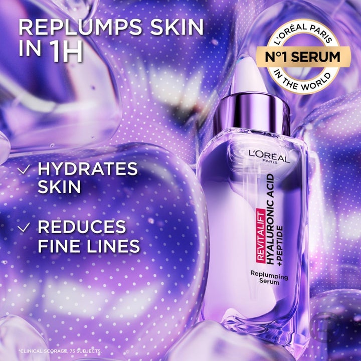 L'Oréal Paris Revitalift Filler Hyaluronic Acid Serum fugtgivende ansigtsserum i lilla glasflaske med pipette
