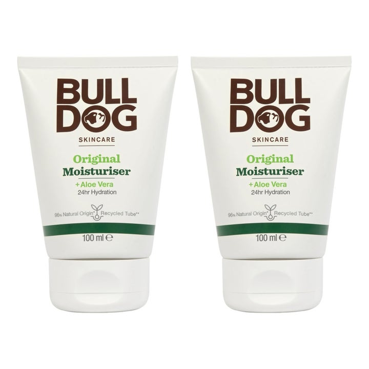Bulldog Original Moisturiser 100 ml fugtgivende ansigtscreme med aloe vera i to hvide tuber med grønne detaljer
