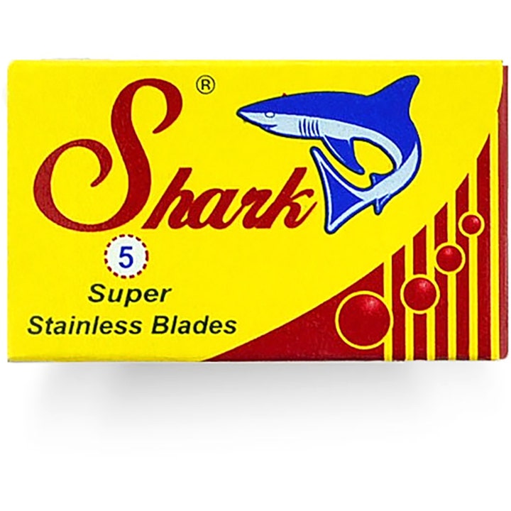 Shark Super Stainless Blades 5 stk barberblade til glat barbering i gul og rød papæske med haj-logo