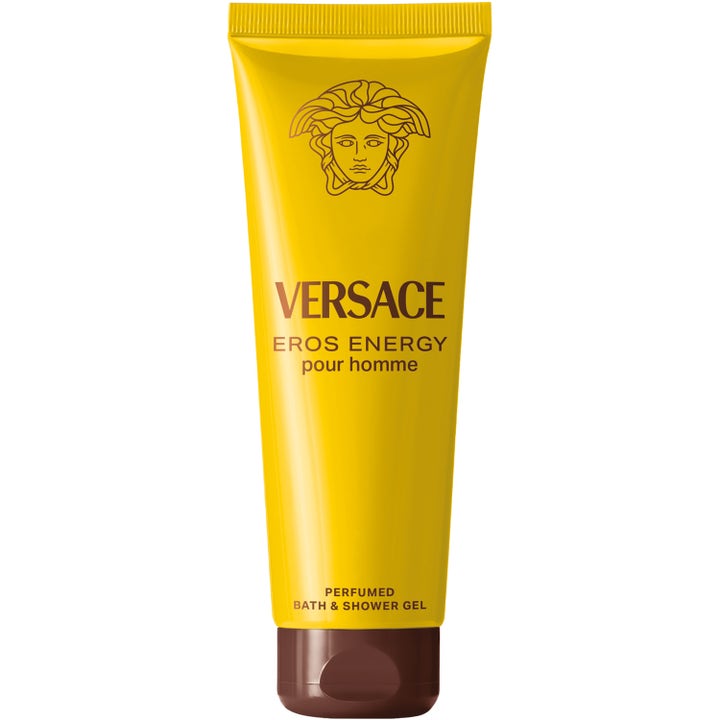 Versace Eros Energy Pour Homme bad- og showergel i en frisk gul tube med brunt låg og det gyldne Medusa-hoved