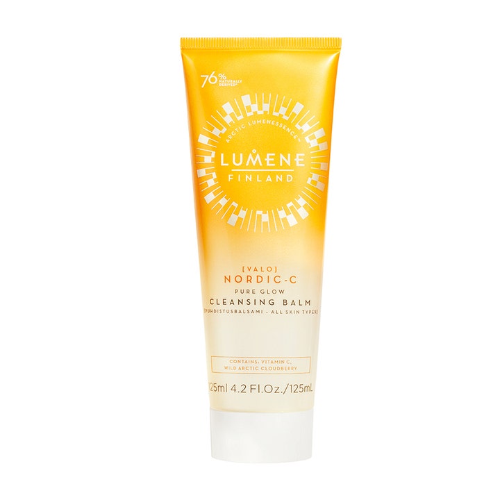 Lumene Nordic-C Pure Glow Cleansing Balm 125ml med vitamin C giver glød i en gul og orange tube med hvidt låg.