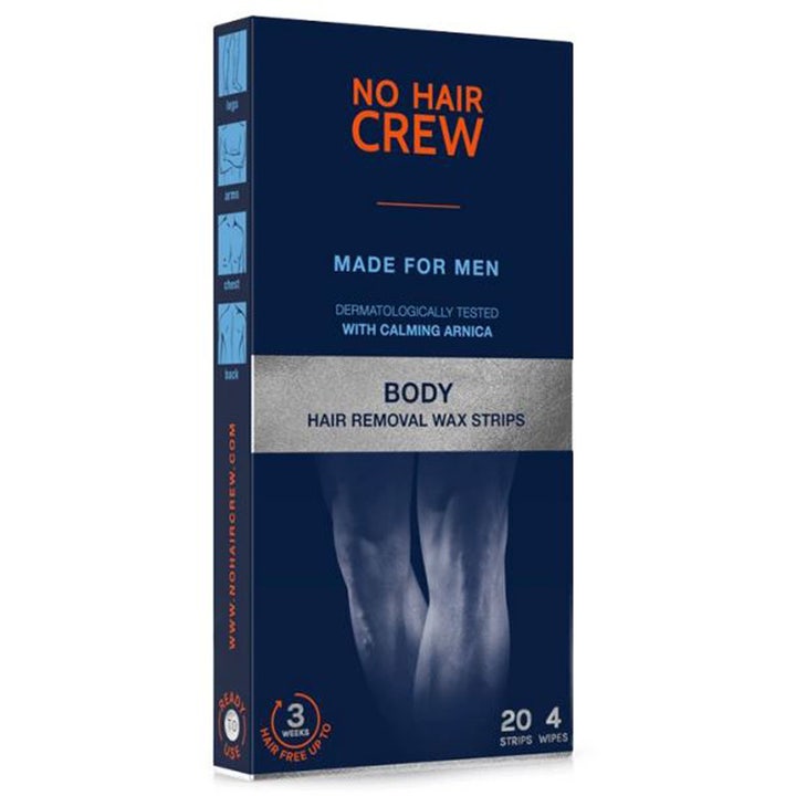 No Hair Crew Body Hair Removal Wax Strips 20 stk giver glat hud i en mørkeblå æske med sølvbånd og beroligende arnica.