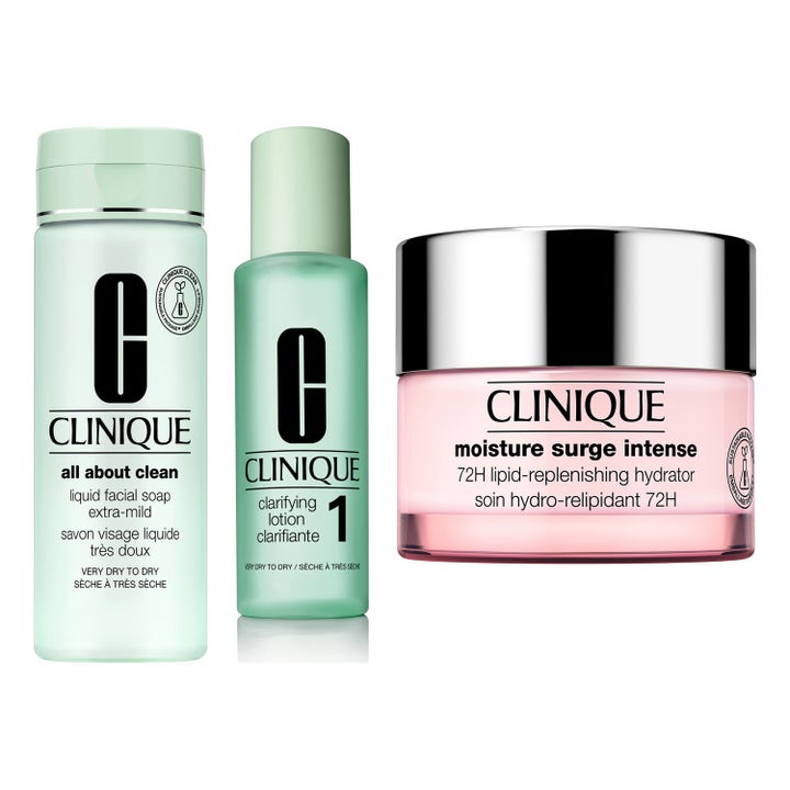 Clinique Hudplejesæt til tør hud giver fugt med ansigtssæbe lotion og ansigtscreme i grønne flasker og lyserød krukke