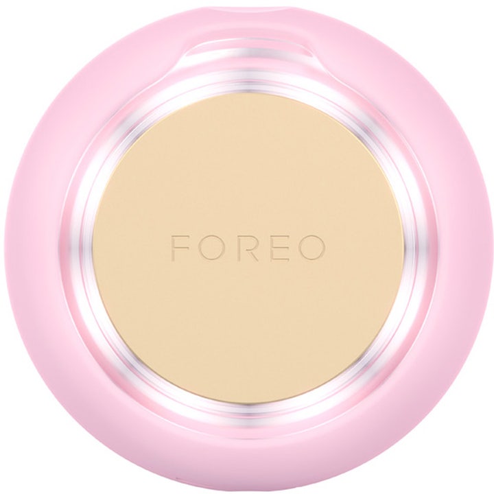 FOREO UFO 3 mini Pearl Pink 1 stk hudplejeenhed giver fugt med rund lyserød silikone og beige varmeplade