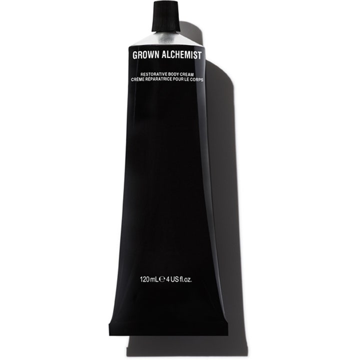 Grown Alchemist Restorative Body Cream 120 ml genopbyggende kropscreme i minimalistisk sort tube med hvid tekst.