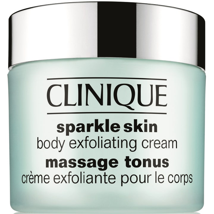 Clinique Sparkle Skin Body Exfoliating Cream exfolierende kropscreme til massage i lys grøn krukke med sølvlåg