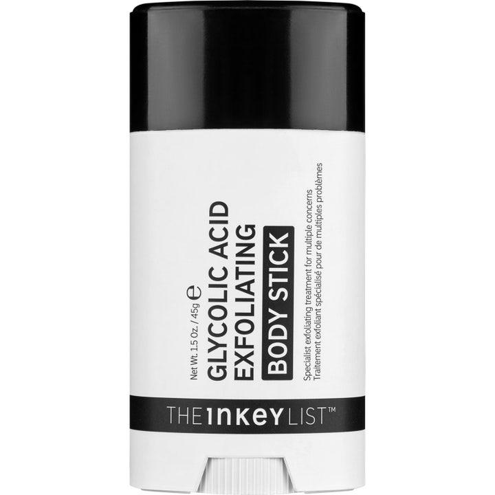 The Inkey List Glycolic Acid Exfoliating Body Stick 45g eksfolierende kropsstift i hvid emballage med sort låg