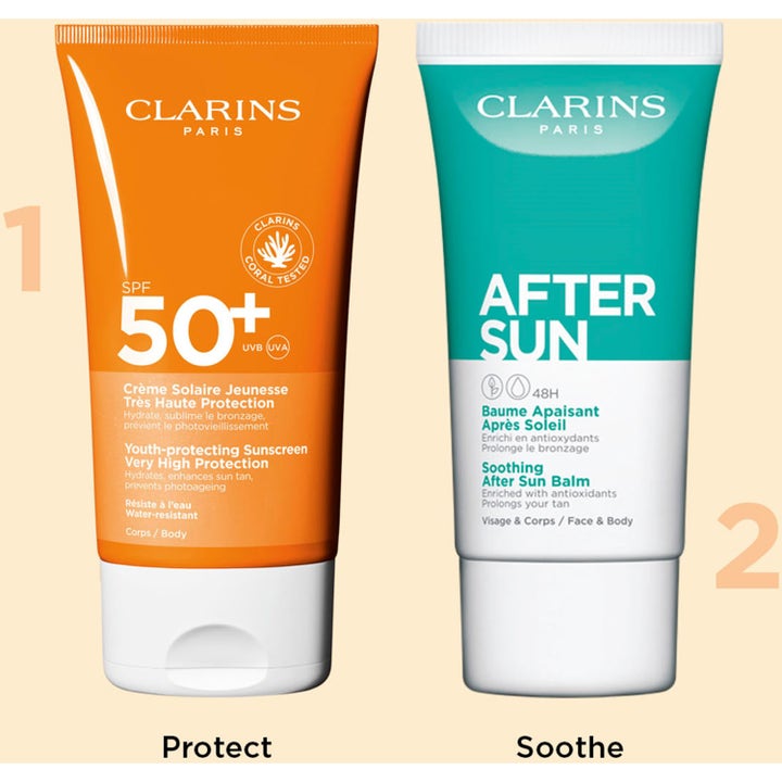 Clarins Youth-protecting Sunscreen SPF50+ 150 ml solcreme i orange tube ved siden af turkis aftersun balm