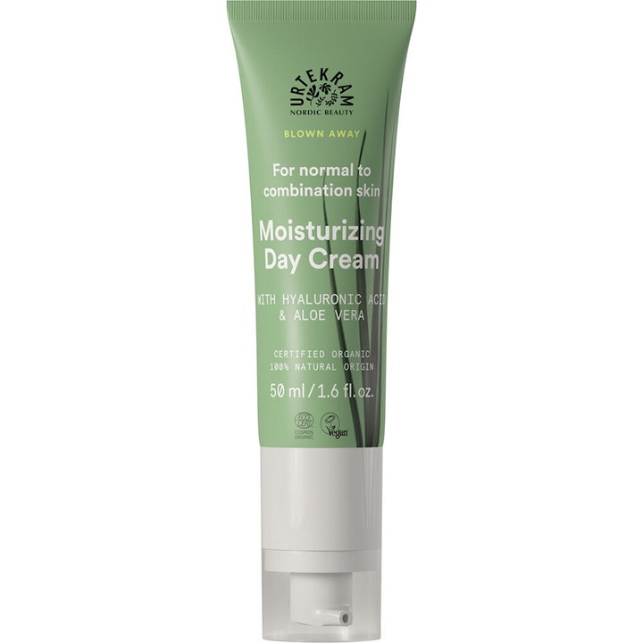 Urtekram Blown Away Day Cream 50 ml fugtgivende dagcreme i grøn tube med hvid pumpe og planteillustration.