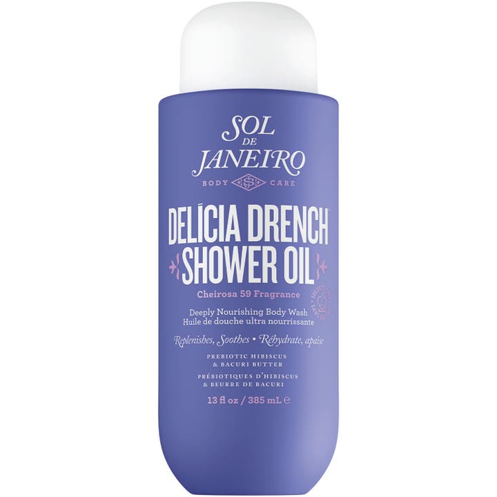 Sol de Janeiro Delícia Drench Shower Oil 385 ml nærende kropsvask i lilla flaske med hvidt låg