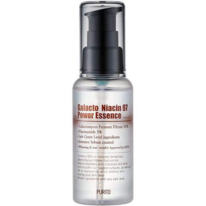 Purito Galacto Niacin 97 Power Essence 60ml lysnende ansigtsserum i en klar flaske med sort pumpe og gennemsigtigt låg