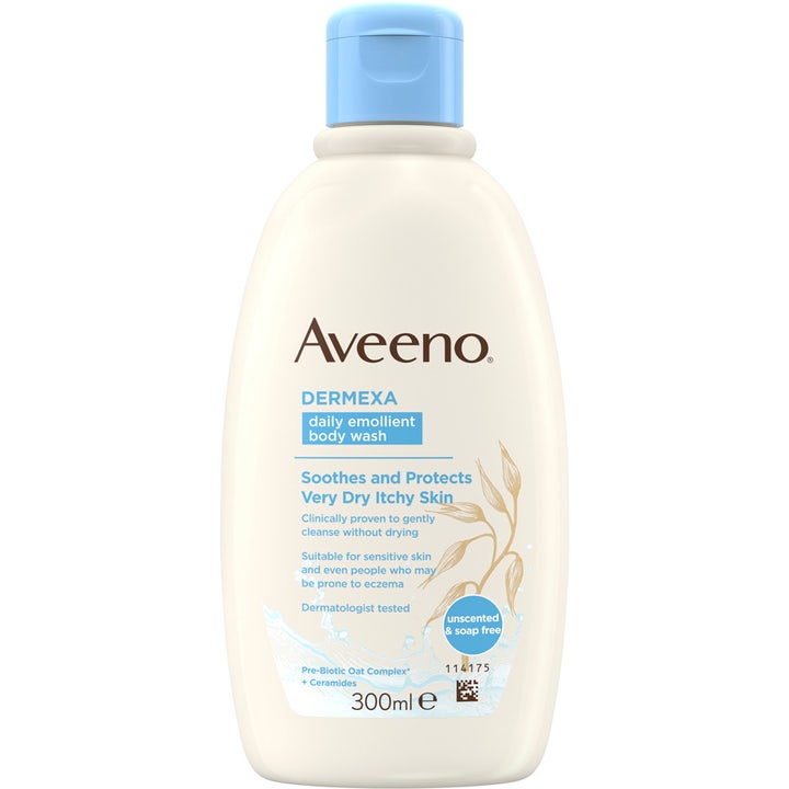 Aveeno Dermexa Daily Emollient Body Wash 300ml beroligende kropsvask til tør hud i cremehvid flaske med lyseblåt låg