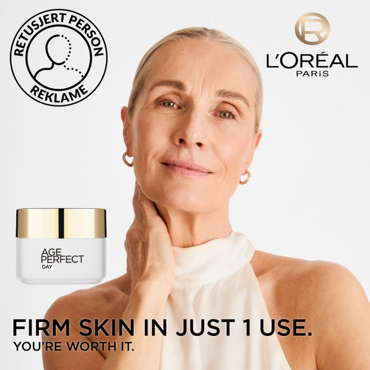 L'Oréal Paris Age Perfect Day Cream 50 ml opstrammende dagcreme vist med en smilende moden kvinde