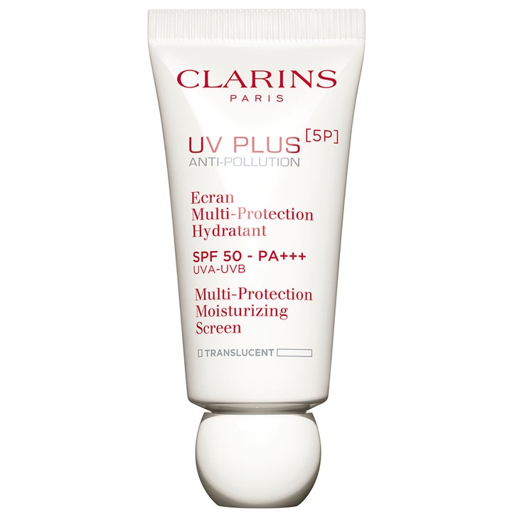 Clarins UV Plus 5P Anti-Pollution 30ml fugtgivende ansigtssolcreme i hvid tube med rød skrift og rund hætte