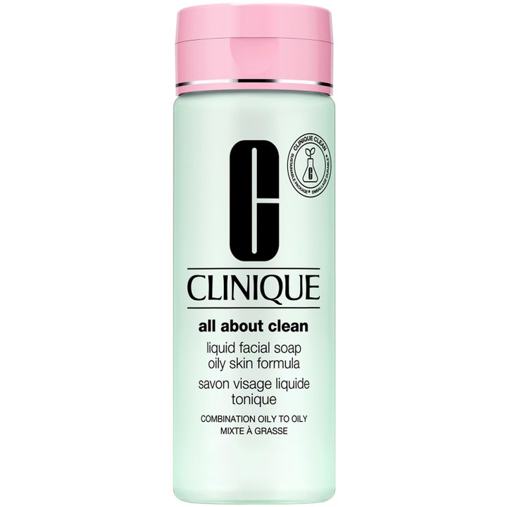 Clinique All About Clean Liquid Facial Soap 525 ml renser fedtet hud i lysegrøn flaske med lyserødt låg.