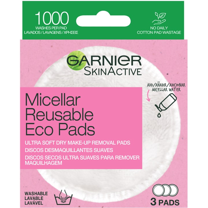 Garnier SkinActive Micellar Reusable Eco Pads 3 stk genanvendelige vatrondeller i lyserød pakke med hvid blød rondel