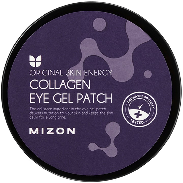 Mizon Collagen Eye Gel Patch 60 stk fugtgivende eye patches i lilla krukke set fra toppen med hvid tekst.