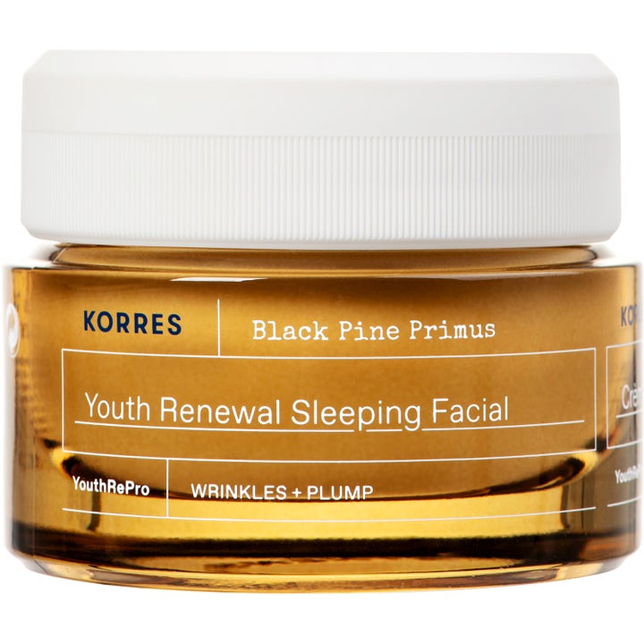 Korres Black Pine Primus Youth Renewal Sleeping Facial 40 ml natcreme i ravfarvet glaskrukke med hvidt låg
