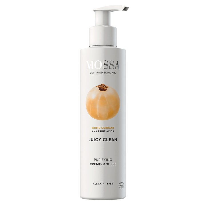 Mossa Juicy Clean Purifying Creme-Mousse eksfolierende ansigtsrens i hvid flaske med pumpe og hvidt ribs.