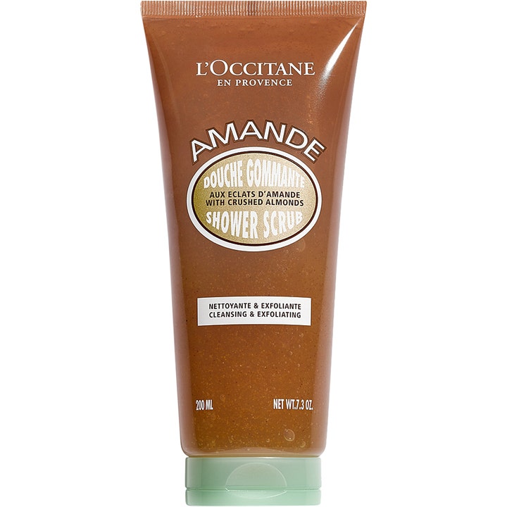 L'Occitane Amande Shower Scrub 200 ml eksfolierende kropsvask i brun gennemsigtig tube med lysegrønt låg