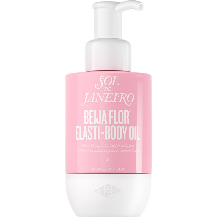 Sol de Janeiro Beija Flor Elasti-Body Oil 100 ml kropsolie der øger elasticitet i en lyserød flaske med hvid pumpe