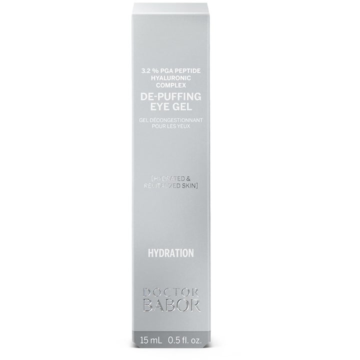 Babor DOC De-Puffing Eye Gel 15 ml øjencreme i sølvæske der dæmper hævelser med hyaluronsyre og peptid kompleks.