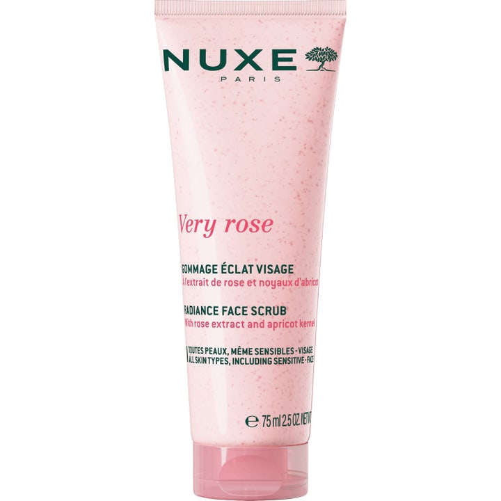 Nuxe Very Rose Radiance Face Scrub 75 ml eksfolierende ansigtsskrub for glød i lyserød tube med synlige korn